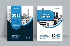 a blue and white business brochure with cityscape in the background