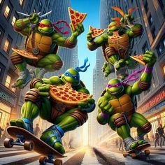 two turtles riding skateboards in the middle of a street with pizza slices on their backs