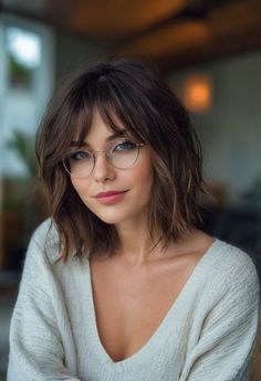 Edgy Layered Bob With Bangs, Above Shoulder Bob With Bangs, Short Lob Haircut With Bangs, Shoulder Length Bobs With Bangs, Short Hair With Wispy Bangs And Layers, Short Hair And Glasses Women, Hairstyles With Bangs And Glasses, Short Hair With Bangs And Glasses, Lob With Bangs Round Face