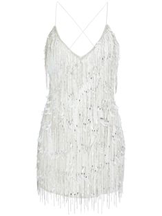 white crystal embellishment fringe detailing crossover shoulder straps V-neck sleeveless straight hem Fringe Cocktail Dress, White Sparkly Dress, White Fringe Dress, Dama Dresses, White Fringe, Versace Outfit, City Dress, Fringe Dress, Formal Style