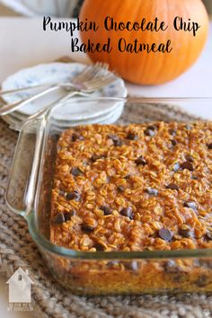 pumpkin chocolate chip baked oatmeal in a glass baking dish next to an orange pumpkin