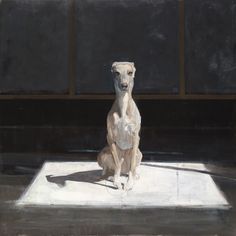 a painting of a dog sitting on top of a white mat