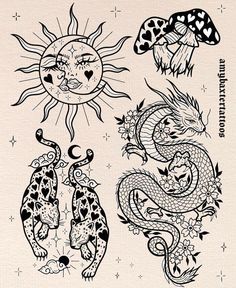 an ink drawing of two dragon and a sun