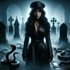 a woman in a black coat and hat standing next to a snake