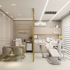 a dental office with chairs, desks and other medical equipment on display in the room