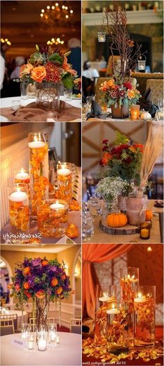 a collage of photos with candles and flowers in vases on top of each other