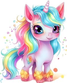 a cartoon unicorn with blue, pink and yellow hair