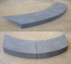 two different angles of the same bench made out of concrete blocks, one is gray and the other is black