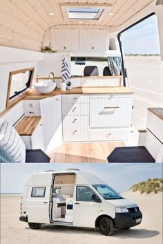 a small van parked in front of a kitchen and living room area on the beach