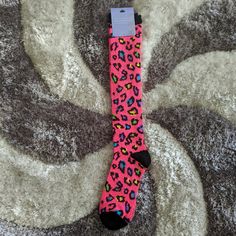 Neon Pink Leopard Print Tall Socks. Sizes 9 To 11. Mostly Acrylic. Cable Knit Leg Warmers, Black Leg Warmers, Cute Christmas Stockings, Polka Dot Tights, Claire's Accessories, Tall Socks, Halloween Socks, Fishnet Top, Knit Leg Warmers