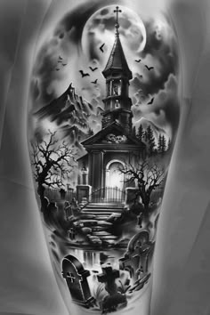 a man's leg with a clock tower and graveyard scene on it, in black and white