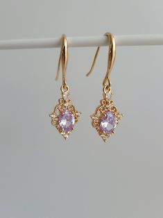 14k Gold Plated Hook Earrings With Light Purple Glass Gemstone Charms, Vintage Style Earrings, Cute Dangle Earrings, Filigree Charm Earrings - Etsy Hell Lila, Cute Dangle Earrings, Vintage Earring, Pretty Jewelry Necklaces, Jewellery Pouch, Vintage Style Earrings, Purple Earrings, Fancy Jewellery, Jewelry Lookbook