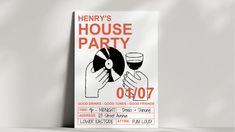 a poster for a house party with a record player holding a glass of red wine