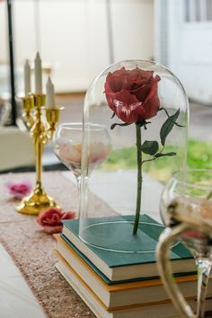 a rose in a glass dome sitting on top of a table next to some books