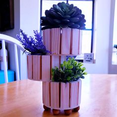 three tiered planters with succulents and plants in them on a table