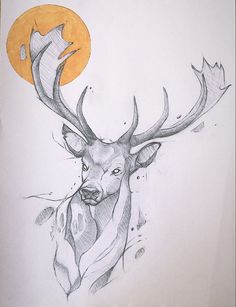 a drawing of a deer's head with the moon in the background