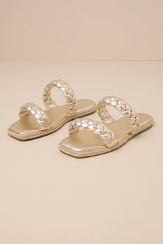 Step into summer with a fresh new look thanks to the Lulus Kennmar Soft Gold Leather Braided Espadrille Slide Sandals! These metallic genuine leather sandals have a comfortable slide-on design, two braided straps, and a square toe bed. Sole is trimmed in beachy jute for a Boho-inspired finish. 0. 5" rubber heel. Cushioned insole. Rubber sole has nonskid markings. Genuine leather upper. Balance man made materials. Imported. Lulus | Kennmar Soft Gold Leather Braided Espadrille Slide Sandal Heels | Espadrilles Slides, Womens Trendy Dresses, Genuine Leather Sandals, Braided Sandals, Sandal Heels, Size 11 Heels, Gold Shoes, Braided Strap, Sandals For Women