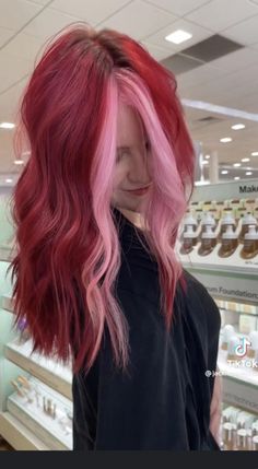 Pink Hair For Dark Hair, Dark And Light Pink Hair, Pink And Red Hair Dye, Wine Hair With Pink Money Piece, Valentine Hair Color, Dark Red Hair With Pink Money Piece, Red And Light Pink Hair, Pink Red Hair Color, Half Pink Half Red Hair