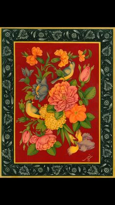 a painting of flowers and birds on a red background with green trim around the edges