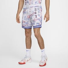 Designed with a classic fit, these 6" basketball shorts are made with sweat-wicking mesh material to help keep you cool and dry. Their scoreboard-inspired print pairs with the striped tape accents to create a vintage basketball vibe. White Athletic Shorts For Basketball Season, White Shorts For Basketball, White Moisture-wicking Basketball Bottoms, White Athletic Shorts For Basketball In Summer, White Summer Basketball Bottoms, Nike White Athletic Shorts For Sports, Collegiate White Athletic Shorts For Sports, White Athleisure Basketball Bottoms, White Athleisure Athletic Shorts For Basketball