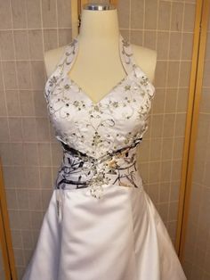 You can order all our attire custom made in your choices of solid satin colors or camo patterns in addition to what shows in stock. Camouflage Wedding Dresses, White Satin Gown, Wedding Dress Size 16, Camouflage Wedding, Embroidery Beading, Silver Embroidery, Bodice Top, Wedding Dress Sizes, Satin Gown