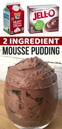 two ingredient mousse pudding in a glass bowl with chocolate frosting on top