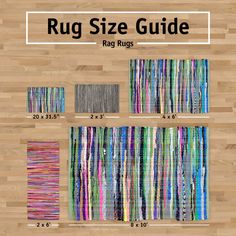 rug size guide with different colors and sizes for each area in the room, including two rows