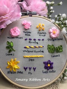 there are many different flowers on the embroidery