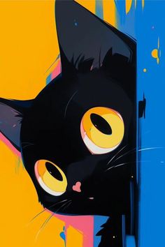 a black cat with yellow eyes peeking out from behind a blue and yellow wallpaper