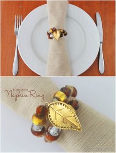 two pictures show the same place setting with napkins, silverware and glass beads