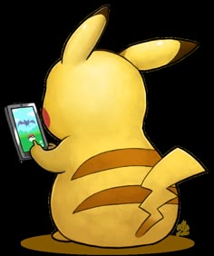 a cartoon pikachu holding a cell phone in its right hand and looking at the screen