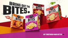 three boxes of chips sitting on top of each other with the words, bring out the bites