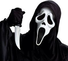 a person in a black hooded costume holding a knife and wearing a ghost mask with its mouth open