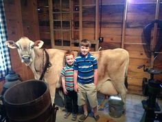 two boys standing next to a cow in a barn