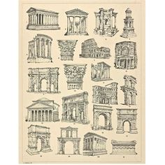 an old book with drawings of ancient buildings