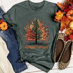 Thankful Blessed Woodland Journey Heathered Tee - Christian Lifestyle Collections Fall Tee Shirts, Heather Storm, Polka Dot Pumpkin, Heather Brown, Fall Tee, Heather Green, Christian Tees, Columbia Blue, Thanksgiving Shirts