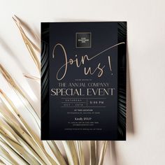 a black and gold party card with palm leaves on the side that says join us