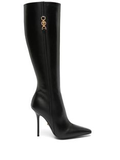 Find VERSACE Medusa '95 110mm Leather Boots on Editorialist. black calf leather smooth grain Medusa '95 hardware square toe side zip fastening branded leather insole 110mm high stiletto heel leather sole knee-high gold-tone hardware This piece comes complete with a protective dust bag. Versace Boots Heels, Black Boots Aesthetic, Black Heels With Gold, Versace Boots, Knee High Black Boots, Heels Luxury, Leather Over The Knee Boots, Gladiator Boots, Leather Boots Black