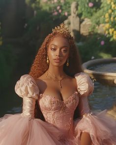 a woman in a pink dress sitting next to a fountain wearing a tiara and earrings