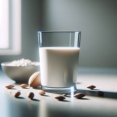 a glass of milk and some nuts on a table