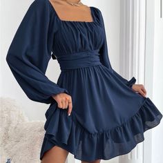 Never Worn Small Navy Blue Dress Long Sleeve Flowy Dress, Winter Formal Dresses, Shein Dress, Trending Dresses, Trendy Dresses, Fall Dresses