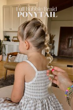 2 Braids Into 1 Ponytail, Cute Hairstyle For Girl Kid, Toddler Girl Tball Hair, Girls Bubble Braid Pigtails, Sports Bubble Braid, Girls Pool Hairstyles, Cute Preschool Hairstyles, Toddler Pool Hairstyles, Hair Ponytail Styles For Kids