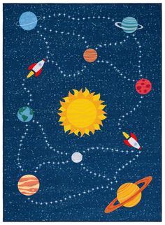 an area rug with planets and sun in the middle, on a dark blue background