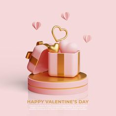 valentine's day greeting card with gift box and gold heart decoration on pink background