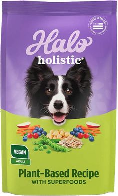 a bag of dog food with vegetables on the front and an image of a border collie