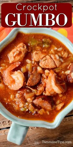 crockpot gumbo with shrimp in a white bowl