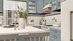 a kitchen with blue cabinets and white counter tops is pictured in this image, there are three chairs around the table