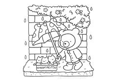 a cartoon bear holding an umbrella in the rain next to a brick wall with flowers