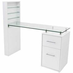 a white desk with two drawers and a glass shelf