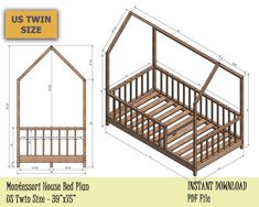 a wooden bed frame is shown with measurements for the top and bottom bunks on each side